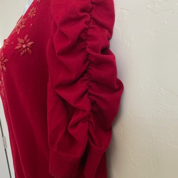 Red Beaded Holiday Sweater with Ruched Sleeves - Picture 2 of 4